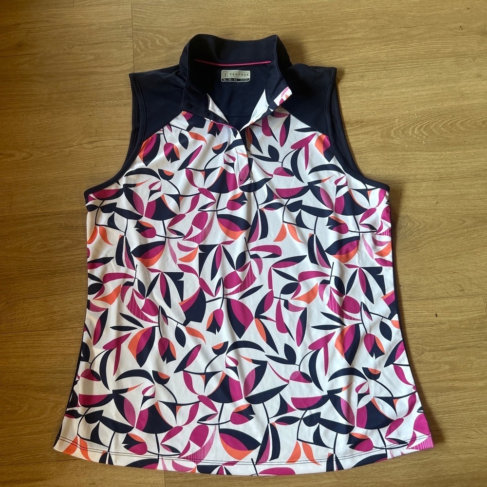 PGA Tour Womens XL Sleeveless Golf Polo Shirt Navy Pink Orange Leaf Print Snap